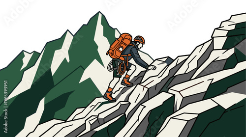 A stylized illustration depicts a solo climber in orange gear scaling a rugged mountain face, symbolizing adventure and achievement against a backdrop of green peaks.