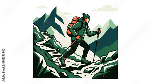 Stylized illustration of a person wearing a backpack and hat, hiking up a rocky mountain path with trekking poles, with sharp mountain peaks and clouds in the background.