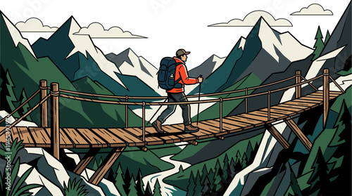 A stylized illustration depicts a lone hiker with a backpack crossing a wooden suspension bridge over a winding river, surrounded by majestic, dark green mountains.