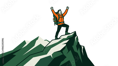 A stylized illustration depicts a triumphant hiker with arms raised in celebration, standing atop a jagged mountain peak against a clean white background.
