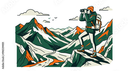 A stylized illustration depicts a hiker with binoculars and a backpack standing on a mountain peak, surveying a vast, scenic mountain range with a winding path below.