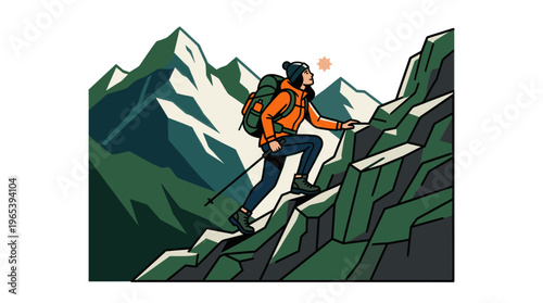 A determined woman wearing an orange jacket and backpack ascends a steep, rocky mountain face, symbolizing adventure and achievement.