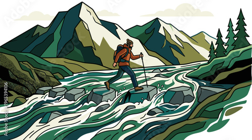 A stylized illustration depicts a man hiking across a rugged river with stepping stones, surrounded by majestic mountains and evergreen trees, conveying a sense of adventure and nature.