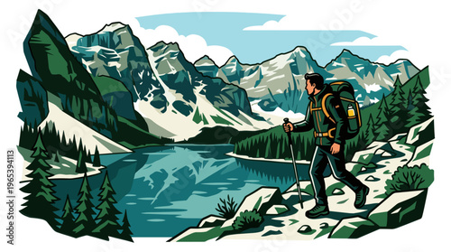 A stylized illustration depicts a solo hiker with a backpack walking along a rocky mountain path beside a clear blue lake surrounded by pine trees and snow-capped peaks.
