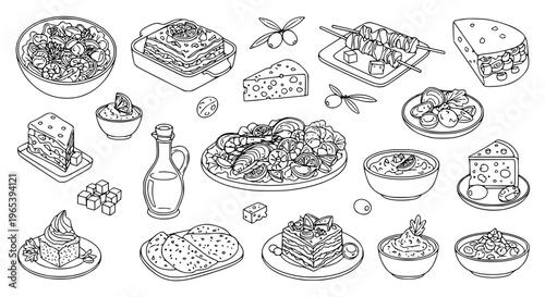 Detailed Greek cuisine outline icon set with Mediterranean food, feta, olives, and traditional dishes illustrations