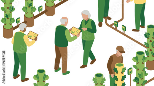 Older adults cultivating plants in an innovative vertical garden, using tablets to manage sustainable urban farming practices and promote healthy community living and engagement