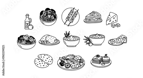 Modern Greek cuisine outline icons collection with Mediterranean dishes, feta, and olives symbols