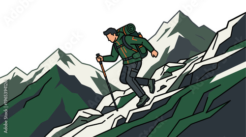 A stylized illustration depicts a determined man hiking upwards on a rocky mountain slope, using trekking poles for support against a backdrop of majestic peaks.