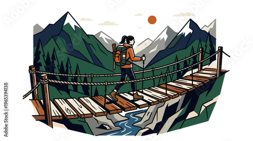 A woman with a backpack and trekking poles walks across a wooden suspension bridge over a river in a stylized mountainous landscape under a warm sun.