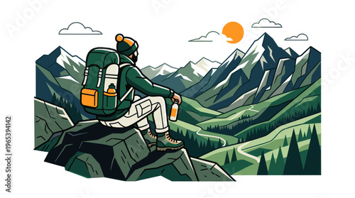 A solitary hiker with a large backpack takes a moment to rest on a rocky outcrop, overlooking a vast mountain range under a bright sun and scattered clouds.