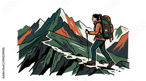 Stylized illustration of a woman trekking on a scenic mountain path, with a backpack and hiking poles, against a backdrop of imposing peaks.