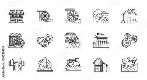 Fotografía Minimal water mill outline icon set with traditional water wheel, mill building,