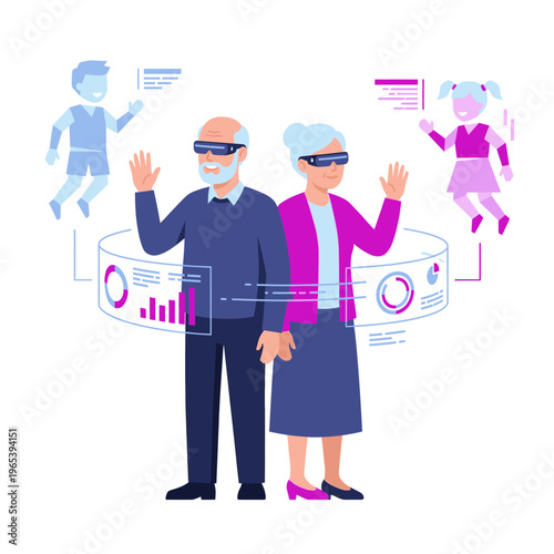 Senior Couple Engaged in Augmented Reality for Virtual Family Interaction, Bridging Generations with Advanced Digital Technology and Future Communication and Lifestyle