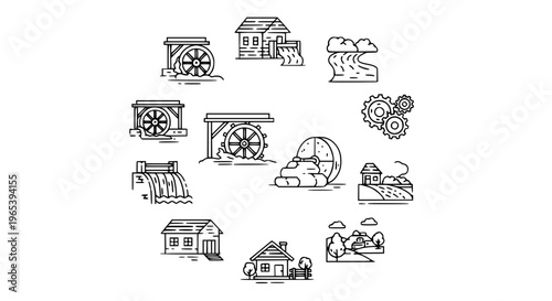 Foto Modern water mill outline icons collection with water wheel, mill building, and
