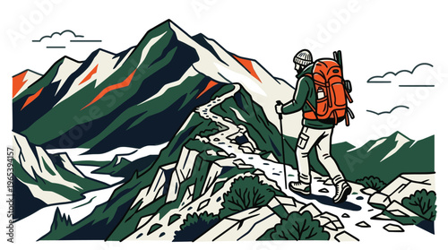 Stylized illustration of a solo hiker with a backpack and trekking poles, walking along a winding path up a majestic mountain range, evoking adventure and nature.