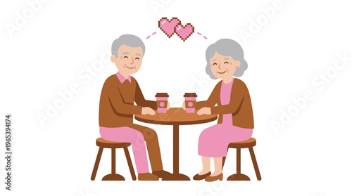 Heartwarming illustration of a happy elderly couple enjoying a relaxed coffee date, symbolizing enduring love, companionship, and the joys of a shared life in retirement