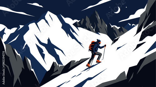 A lone adventurer in warm clothing and orange backpack hikes up a steep, snowy mountain slope under a dark night sky with a crescent moon and stars.