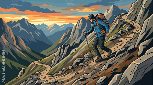 A man with a backpack walks up a rocky mountain trail during a vibrant sunset, with layers of mountain peaks in the background.