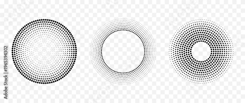 Set of abstract dotted circles and halftone rings with radial perspective effect, monochrome dot patterns isolated on transparent background