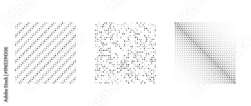 Set of geometric halftone dot grids with gradient transitions and random noise patterns, black and white square textures for digital design and backgrounds