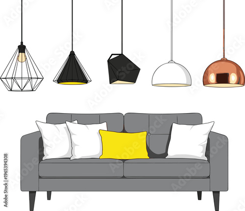 Modern living room furniture set featuring a gray sofa with colorful pillows and various stylish pendant ceiling lamps isolated on white background vector illustration