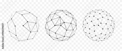 Abstract polygonal wireframe spheres set with connected dots and lines, futuristic low poly globe mesh collection isolated on transparent background for technology design