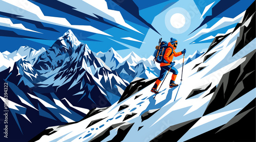 A lone climber in bright orange gear ascends a steep, snow-covered mountain slope, using poles for support against a backdrop of jagged peaks and a bright sun.