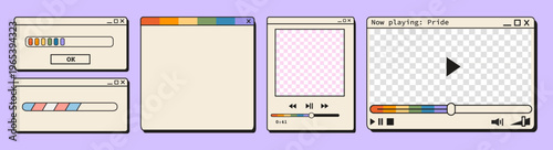 Retro computer media player windows with rainbow pride loading bars. Vintage y2k video player frames, music interface, transgender flag progress bar, and nostalgic browser popups for digital design.