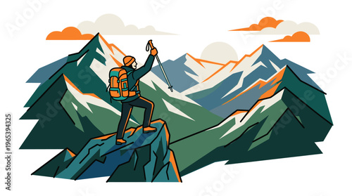 A stylized illustration shows a lone hiker in an orange backpack and hat reaching the summit of a dramatic mountain range at sunset, with vibrant colors and clean lines.