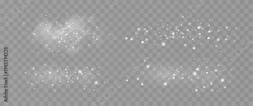 Set of white sparkling particles and bokeh light overlays isolated on transparent background, glowing dust effects collection with soft magic shimmer for design use