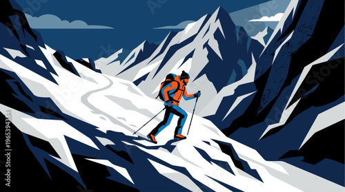 A stylized illustration depicts a solitary hiker with an orange backpack ascending a steep, snow-covered mountain under a dark blue sky with clouds.
