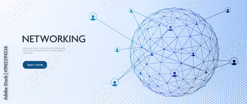Global networking concept with connected people icons and digital sphere mesh, business communication and social network technology background, modern data connection illustration