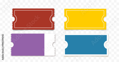 Set of colorful event ticket templates with perforated edges, realistic coupon stubs vector collection isolated on transparent background for cinema, concert and lottery design