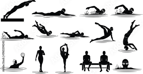 Set of black silhouette swimmers icons including diving freestyle swimming water polo artistic swimming and pool activities on a white background