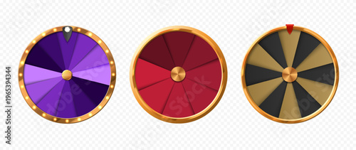 Set of spinning prize wheels with gold frame, colorful fortune roulette vector collection isolated on transparent background, casino game UI elements for lottery and lucky draw design