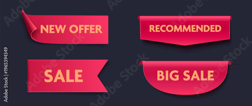 Set of modern red promotional ribbon banners with folded paper effect, sale tags, new offer and recommended labels, clean minimal marketing design elements