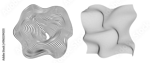 Abstract wavy line topography and wireframe mesh surfaces set, black contour lines and grid distortion shapes collection for modern design, data visualization and digital backgrounds