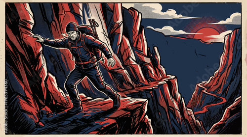 A determined man in climbing gear navigates a treacherous mountain path at sunset, showcasing a sense of adventure and perseverance in a stylized, graphic art style.