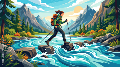 A woman with a backpack and hiking poles crosses a rushing river, stepping on rocks amidst a scenic mountain landscape under a bright sky.