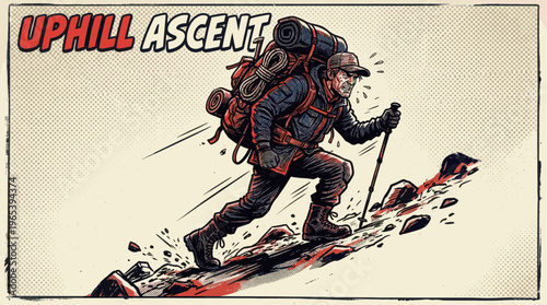 A determined hiker with a large backpack struggles uphill on a rocky slope, rendered in a vibrant comic book style with bold lines and halftone dots.