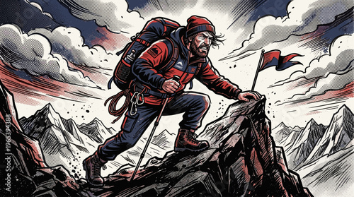 A determined male mountaineer in a red jacket and beanie plants a flag on a rocky peak, depicted in a bold, graphic, comic-book style.
