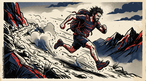 A determined man with a backpack races down a rocky mountain path in a vintage comic book style illustration with bold lines and limited colors.