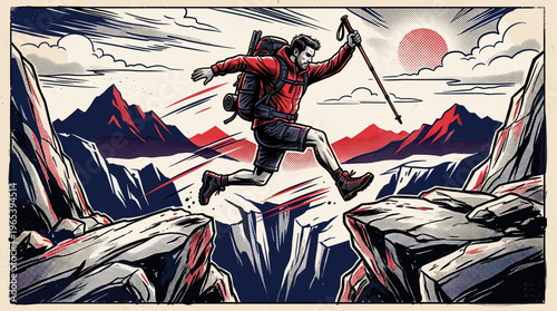 A determined hiker with a backpack leaps across a rocky chasm in a stylized comic book art style, conveying adventure and achievement.