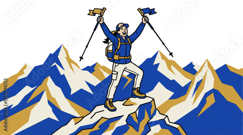 A stylized illustration shows a joyful woman standing on a mountain peak, arms raised with flags, symbolizing achievement and success in an adventure.