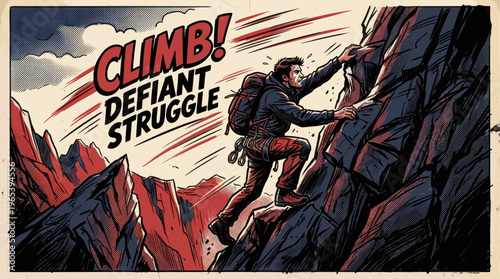 A determined man with a backpack ascends a steep, rocky mountain in a retro comic book style, emphasizing perseverance and overcoming challenges.