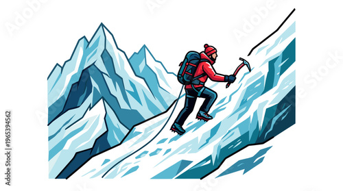 Stylized illustration of a determined climber in red gear scaling a steep, blue-toned ice-covered mountain with an ice axe, conveying adventure and achievement.