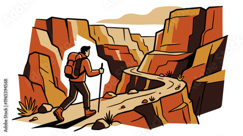 A stylized illustration depicts a lone hiker with a backpack and trekking poles walking along a winding dirt path through a vast canyon, with warm earth tones dominating the scene.