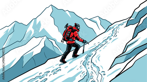 A solitary mountaineer in a red jacket, equipped with an ice axe and backpack, climbs a steep, snow-covered mountain slope against a backdrop of majestic blue peaks.