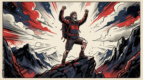 A triumphant man with a beard and bandana stands atop a rocky peak, arms raised in celebration amidst a dramatic, comic-style sky with red, blue, and white elements.