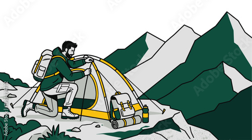 A man with a backpack erects a tent amidst a scenic mountainous landscape, evoking adventure and outdoor recreation.